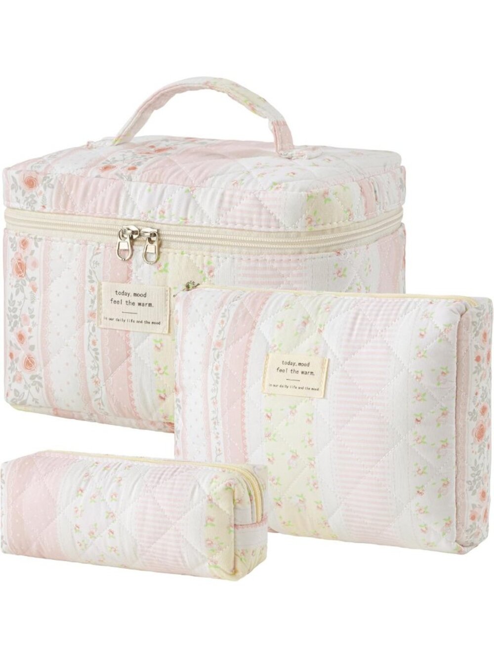 3-Piece Quilted Travel Makeup Bag Set - Large Cotton Organizer for Cosmetics